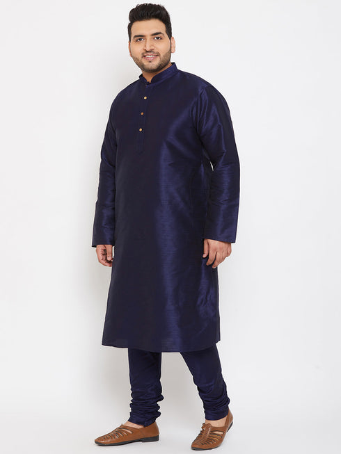 Vastramay Men's Plus Size Navy Blue Silk Blend Kurta Pyjama Set